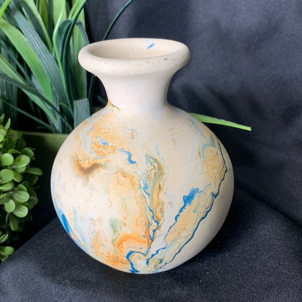 Vintage Handmade Nemadji Multicolored blues and yellow Stamped pottery Vase